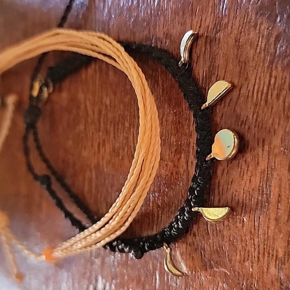 PURA VIDA Gold Tone Braided Moon Phase and Signature Adjustab Cord Bracelet Lot